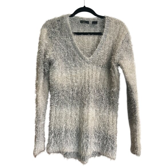 press Sweaters - Vintage Y2K Eyelash Knit Gray Striped V-Neck Sweater Sz L Coquette Girlie Fluffy